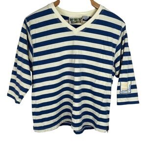 Palm Grove Top Women Large Navy Stripe V-neck Half Sleeve Cotton Blend Nautical